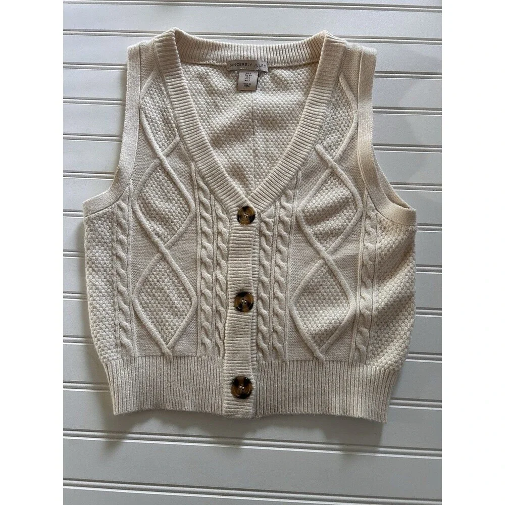 Sincerely Jules Sweater Vest Cream Knit Button Front V-Neck Cable Sz S Boho